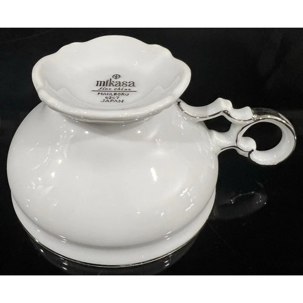 Set of 3 Mikasa Marlboro Footed Tea Cups 9267 Platinum Trim White Fine China